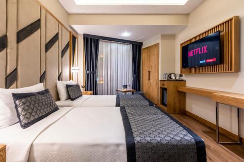 伊斯坦布尔Endican Sultanahmet Hotel的酒店客房设有两张床和一台平面电视。