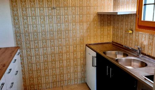 莱莫斯Chalet bois soleil的一间带水槽和瓷砖墙的厨房