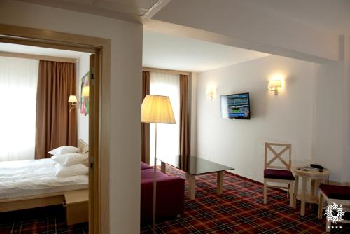 阿拉德Hotel Leon & Spa的配有一张床和一张书桌的酒店客房