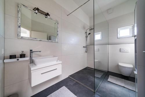 腓特烈港ApartmentFinke 3 an der Messe Friedrichshafen的白色的浴室设有水槽和镜子