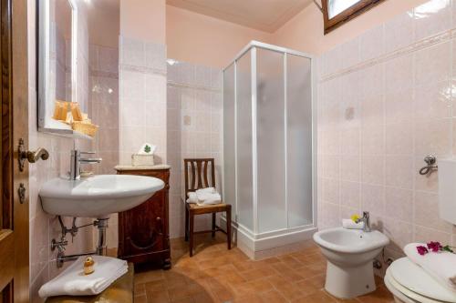 拉达-因基安蒂Girasole的一间带水槽、卫生间和淋浴的浴室