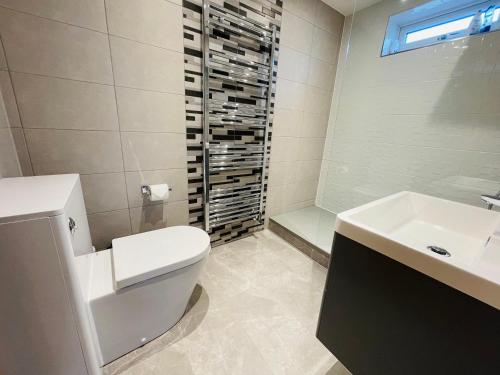 凯尼尔沃思NEW MODERN STUDIO APARTMENT, PARKING, Netflix的浴室配有卫生间、盥洗盆和淋浴。
