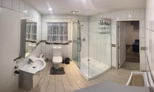 汉密尔顿Self Contained En-Suite Private Bathroom, Private Entrance, Close to Shops & Hospital Homestay的带淋浴、卫生间和盥洗盆的浴室