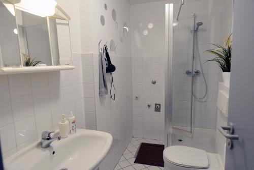 汉堡罗藤鲍姆地下室旅馆的带淋浴、盥洗盆和卫生间的浴室