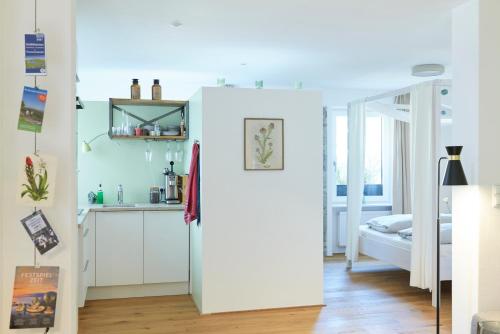 布雷根茨Rotes Haus Bregenz Garten Wohnung的一间厨房,内配白色冰箱
