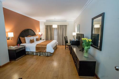 蒙特雷德奥罗广场酒店的大型酒店客房,配有床和镜子