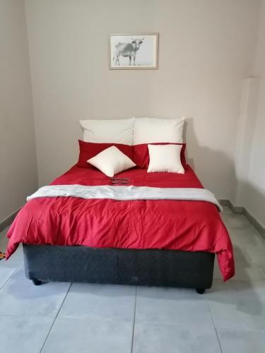 DivunduDiyuyi Restaurant and Guest rooms Accommodation的客房内的一张红色棉被床