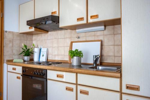 AlbertsdorfKnusthof - Wohnung 1的厨房配有白色橱柜和水槽