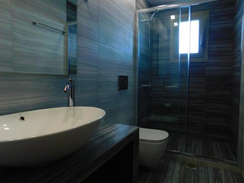 马克里亚罗斯AKTIS MAKRIGIALOS LUXURY APTS的一间带水槽、卫生间和玻璃淋浴间的浴室