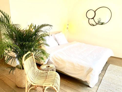 GavereRooms & Loft De Post的一间卧室配有一张床、椅子和植物