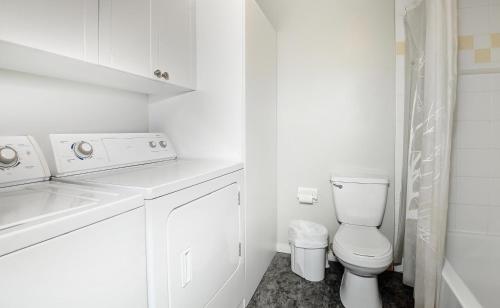 斯托纳姆Chalets Alpins- 19 Chemin Alpin的白色的浴室设有水槽和卫生间。