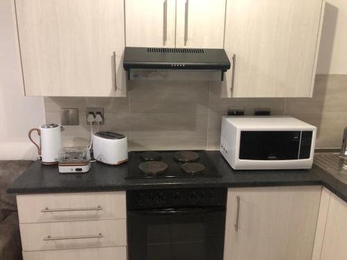 Newton ParkLuxury Suites at St Petes Duplex Townhouse的厨房配有微波炉和炉灶。 顶部烤箱