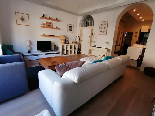 布鲁塞尔Brugmann Loft Apartment的客厅配有白色的沙发和桌子