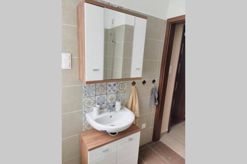 德布勒森Pláza Apartman - city center, free parking, free wifi的一间带水槽和镜子的浴室