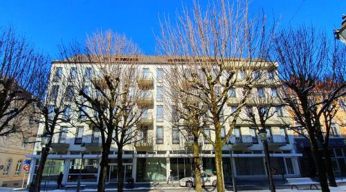 巴登-巴登Hotel Quellenhof的前面有树木的高楼