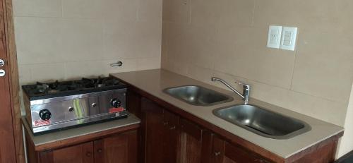 埃尔卡拉法特SHOTEL Calafate的厨房配有两个水槽和炉灶。