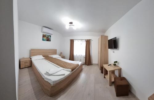 Topolovăţu MareCusali Pensiune的一间卧室配有一张大床和电视