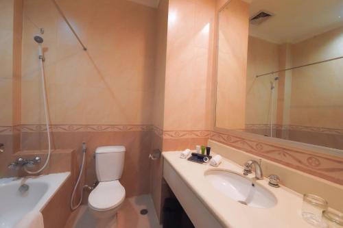 古邦Kristal Hotel Kupang的一间带卫生间、水槽和镜子的浴室