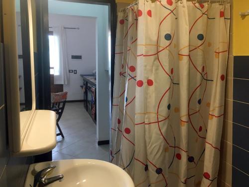 萨尔雷Ca Greta Deluxe的浴室配有淋浴帘和盥洗盆。
