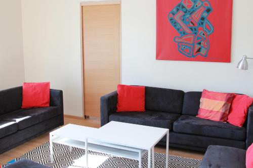派尔努帕普利公寓的客厅配有黑色沙发和红色枕头