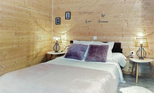 卡尔卡松Appartement Lila的一间带木墙的卧室和一张带两张桌子的床