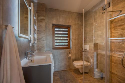 格利查尔Domki u Skowyrów的浴室配有卫生间、盥洗盆和淋浴。