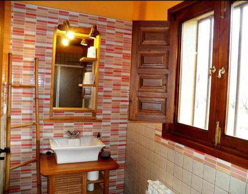 纳瓦孔塞霍CASA RURAL MOLINO DEL JERTE的一间带水槽和镜子的浴室