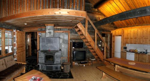 列维威瑞卡小木屋的享有带石制壁炉的客厅的景色