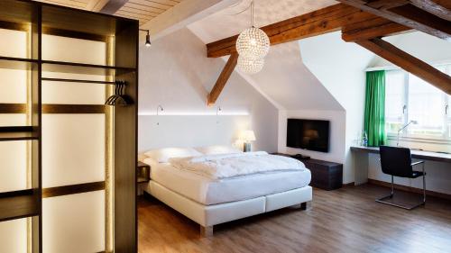 FelbenLandgasthof Schwanen的一间卧室配有一张床、一张书桌和一台电视