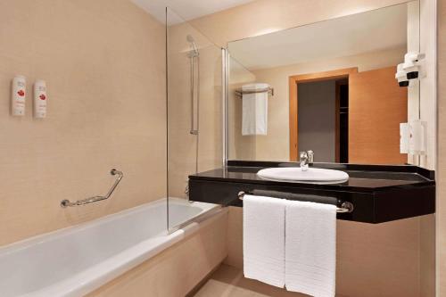 阿尔穆萨费斯TRYP瓦伦西亚阿尔穆萨菲斯酒店的浴室配有盥洗盆和浴缸。