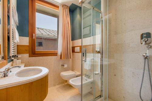 科尔蒂纳丹佩佐Radisson Residences Savoia Palace Cortina d’Ampezzo的一间带水槽、卫生间和淋浴的浴室