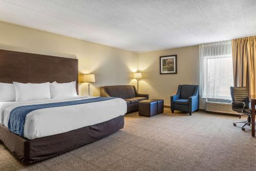 大急流城Comfort Inn Grand Rapids Airport的酒店客房,配有一张床和两把椅子