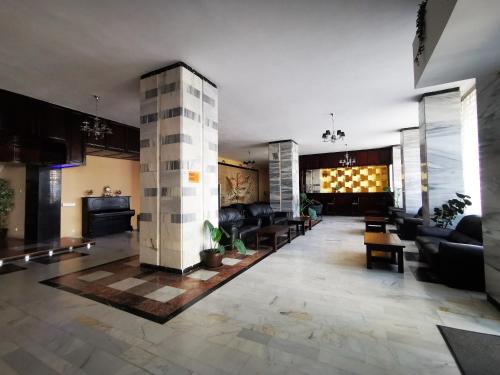 福克沙尼Hotel Unirea的带沙发和柱子的大型客厅