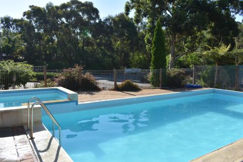 希尔斯维尔圣殿之家度假村汽车旅馆的一个带围栏的院子内的游泳池