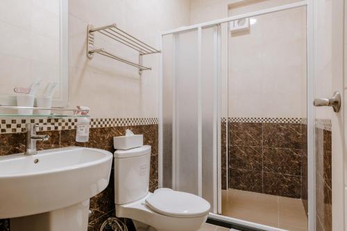 花莲市藍色知更鳥旅宿的浴室配有卫生间、盥洗盆和淋浴。