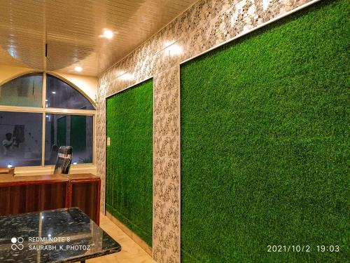 UmariāHotel Jungle Palace Resort的窗户房间里绿色的墙壁