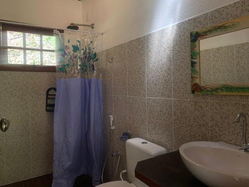 卢米亚Chalé Hakuna Matata的浴室设有卫生间和带蓝色淋浴帘的盥洗盆。