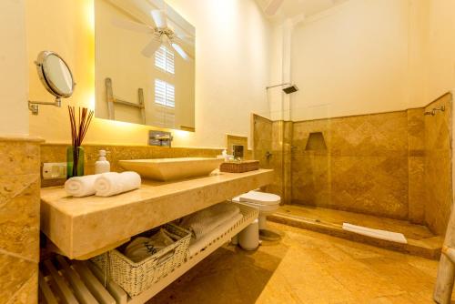 卡塔赫纳Casa Diluca Cartagena Hotel Boutique的一间带水槽、卫生间和镜子的浴室