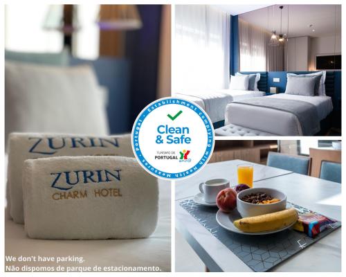 里斯本Zurin Charm Hotel的酒店客房,配有一张床和一张桌子,还有一碗食物