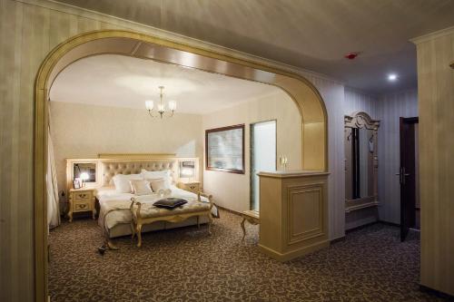 帕扎尔吉克Hotel Forum的一间卧室配有一张床和一面大镜子