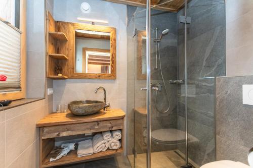 玛丽亚阿尔姆Pension Berghof的一间带水槽和淋浴的浴室