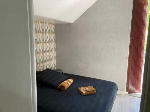 CompreignacAppartement La Libellule, professionnels et vacanciers的一间卧室配有一张蓝色的床,上面有毛巾