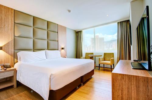 麦德林圣费尔南多广场酒店 的一间设有大床和窗户的酒店客房