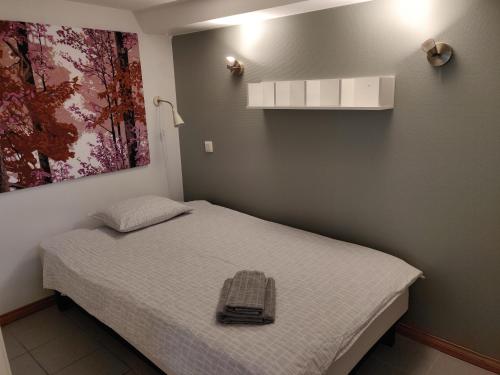 奥卢Yrjänäntie Home Apartment的一间卧室,配有一张带袋子的床