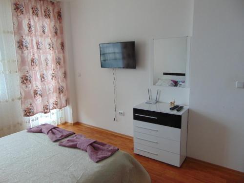 波罗维茨IGLIKA 2 SNOWY NIGHT V18的一间卧室配有一张床、梳妆台和电视。