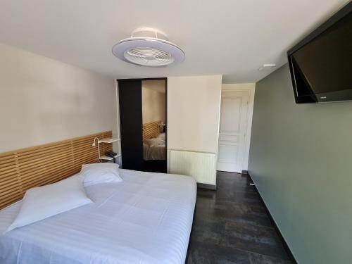 Locminé没有米诺酒店的一间卧室配有两张床和一台平面电视