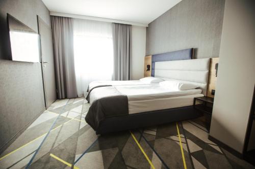 华沙艾尔酒店的酒店客房设有两张床和窗户。