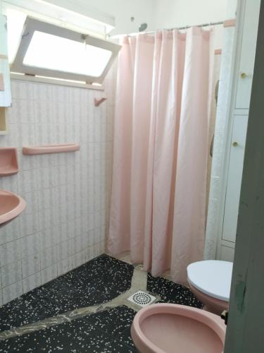 米纳斯DOÑA OLGA的一间带粉红色卫生间和淋浴的浴室