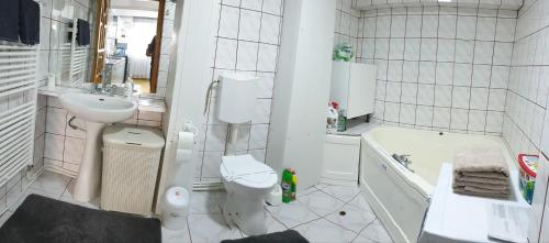 札勒乌Vio apartament的浴室配有盥洗盆、卫生间和浴缸。