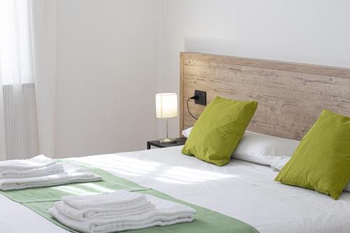 诺瓦拉Hotel Tornielli 9的一张带绿色枕头的床和毛巾